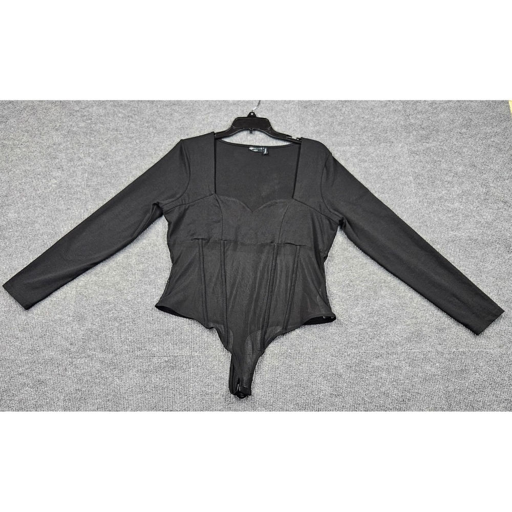 ASOS DESIGN Black Mesh Corset Bodysuit Long Sleeve Square Neck US 14 Whimsigoth